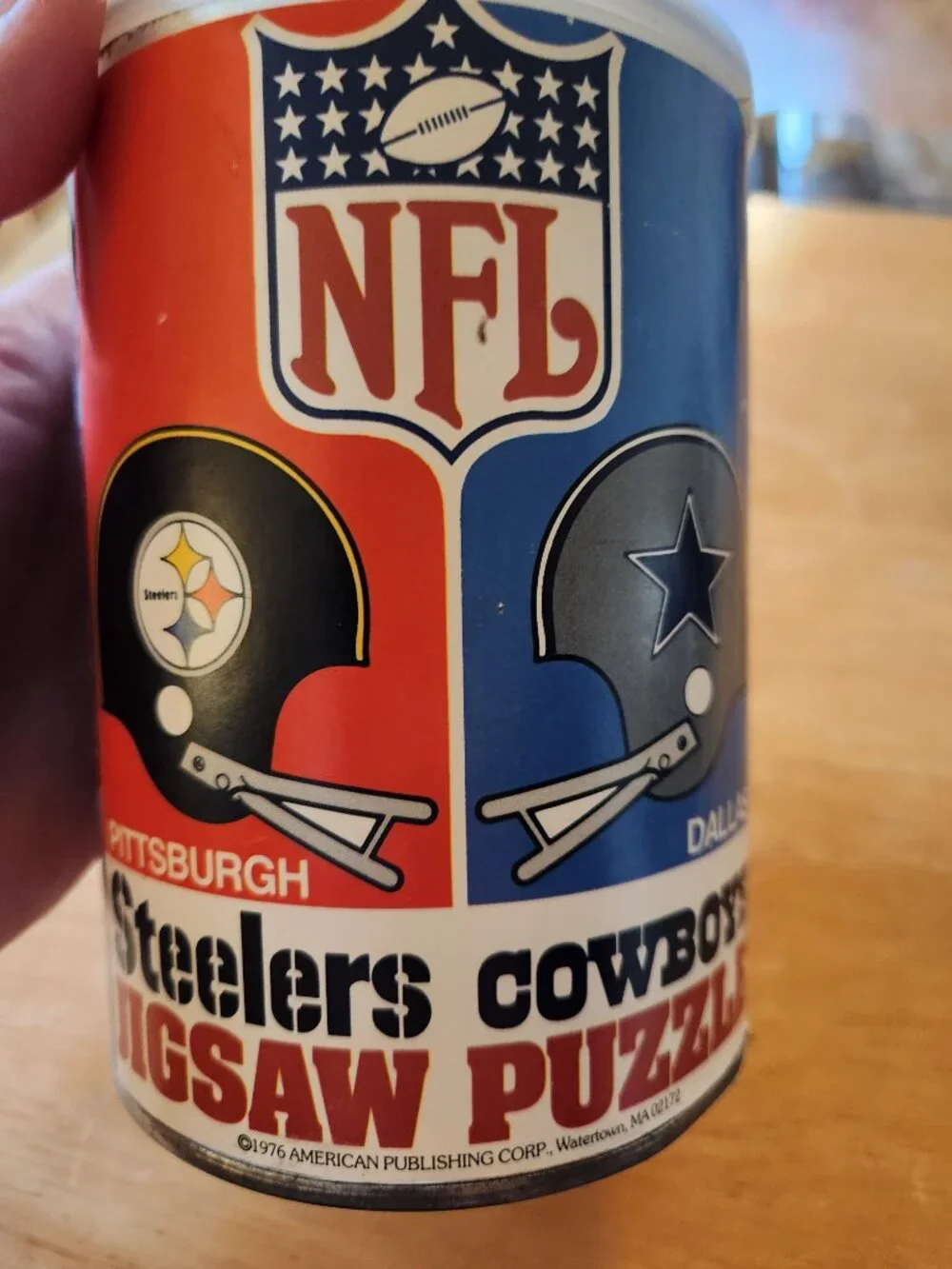 Vintage NFL 1976 Pittsburgh Steelers Dallas Cowboys Jigsaw Puzzle Canister T1